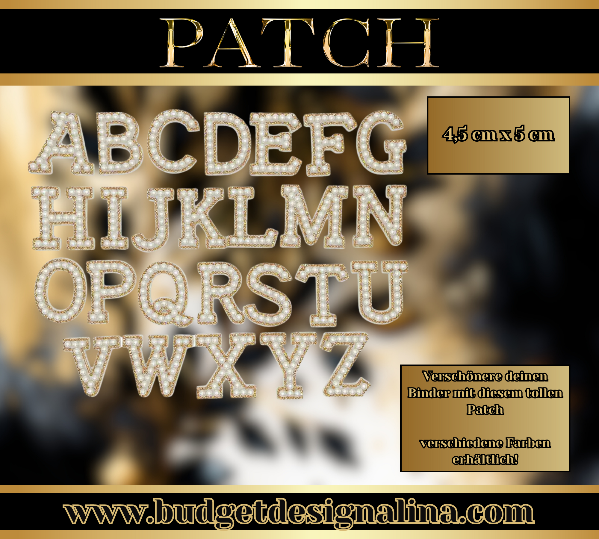 Buchstaben Patch Perlen & Strass (Weiß/Gold)