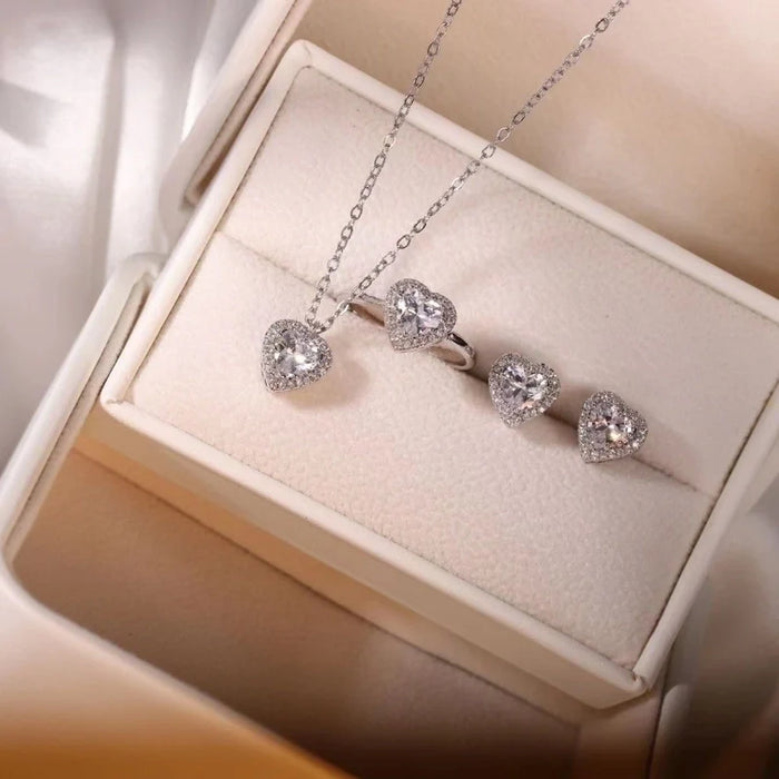 Schmuckset STRASS HEART SILVER (Ring, Kette & Ohrstecker)
